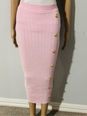 Balmain pink Ribbed Cable-Knit Midi Skirt with Gold Buttons